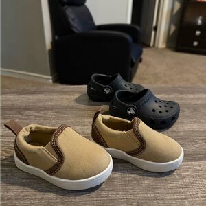 Tan and Brown Kids Slip-On Shoes and black crocs